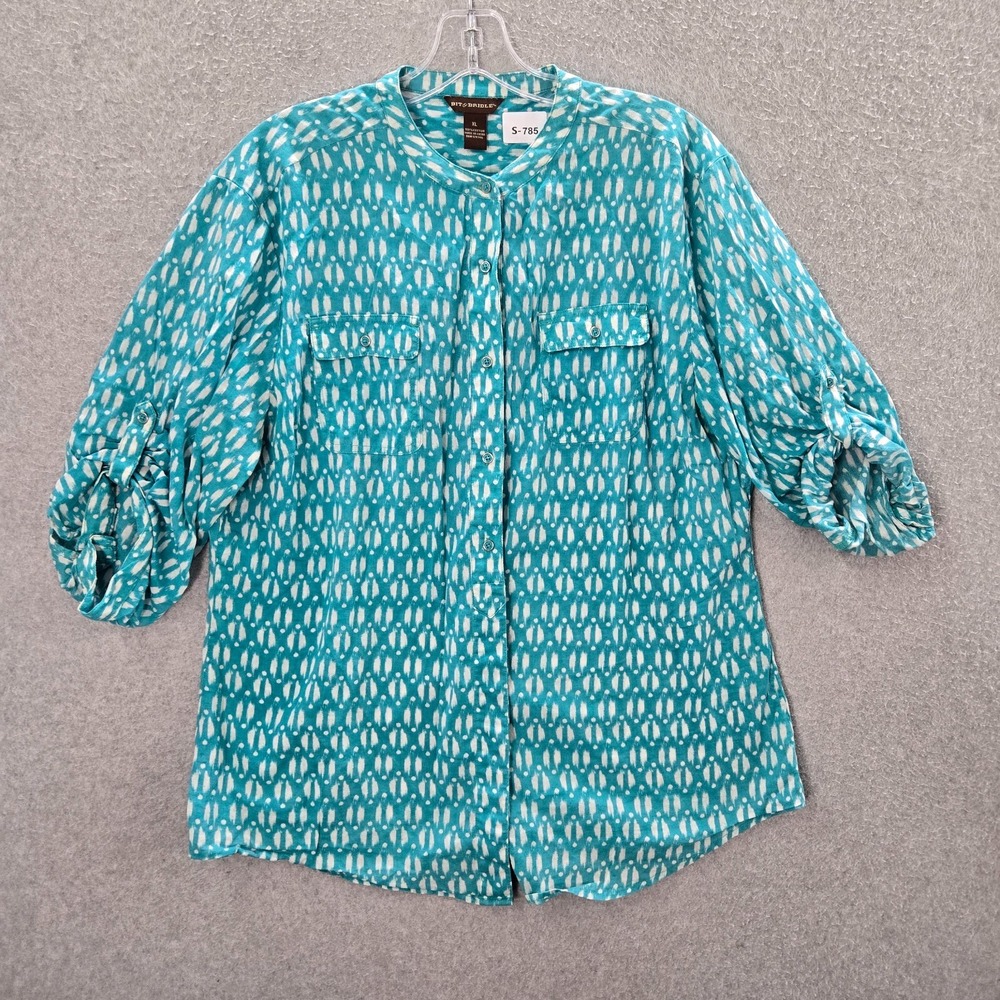 Bit & Bridle Women Top XL Blue Geometric Button Up Collar Roll Tab Pocket